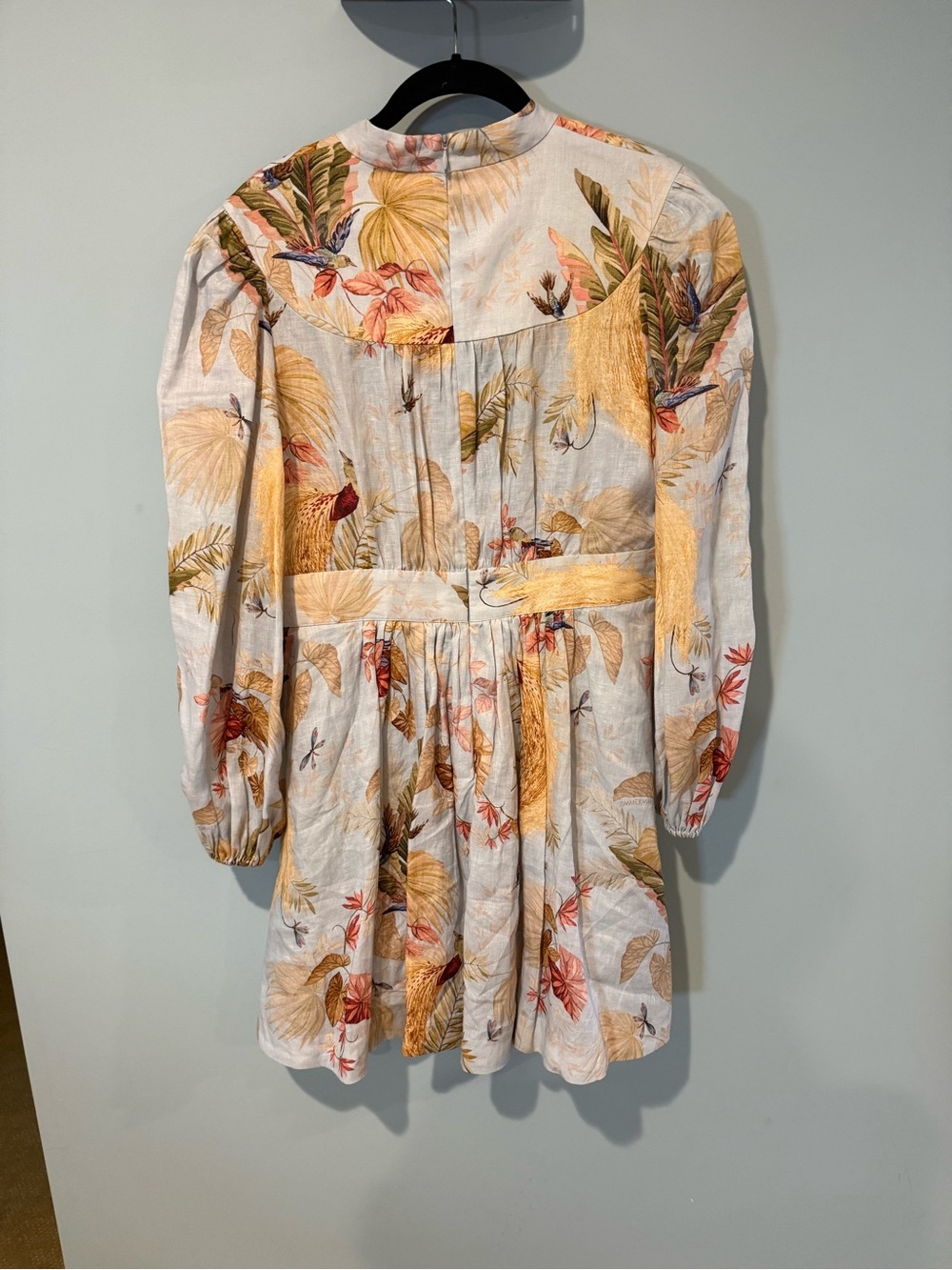 Zimmermann Light Blue Tropical-Print Puff-Sleeve Mini Dress with Yellow Accents - Picture 5 of 7